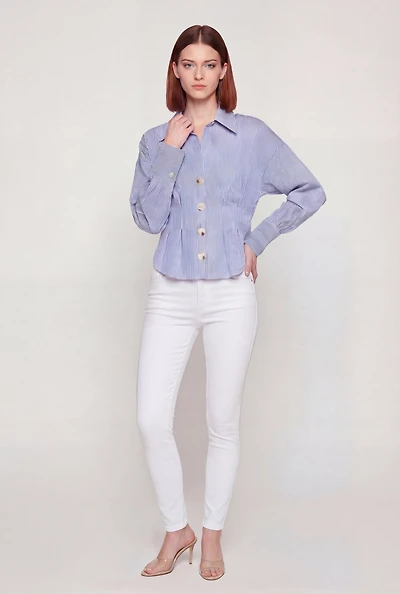 Striped Pleated Long Sleeve Button Front Shirt