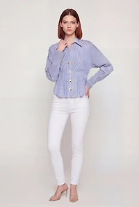 Striped Pleated Long Sleeve Button Front Shirt