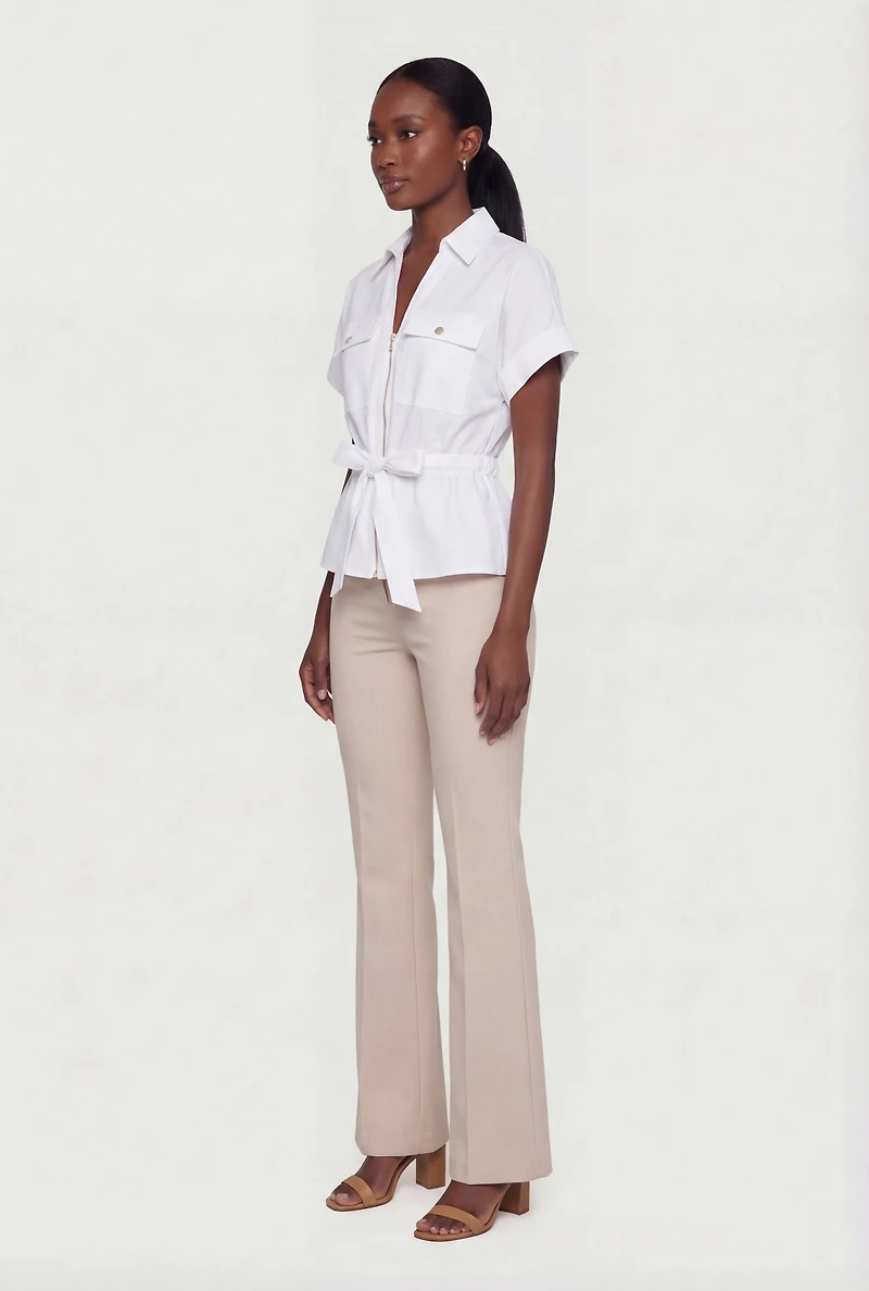 Zip Front Tie Waist Poplin Utility Shirt