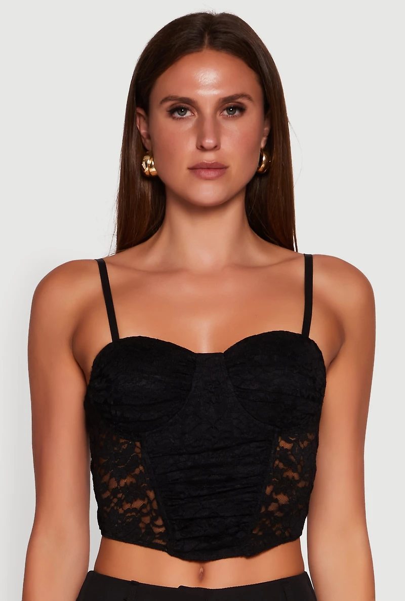 Womens Floral Lace Cropped Sweetheart Bustier Top, Black, Size L