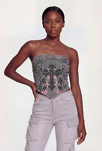 Acid Wash Rhinestone Graphic Hanky Hem Crop Top