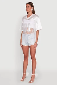 Womens Satin Detail California Graphic Top, White, Size M