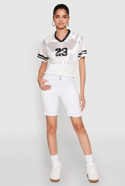 Womens Satin Smocked 23 Football Crop Top, White, Size S
