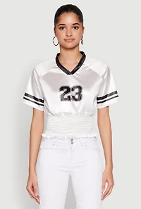 Womens Satin Smocked 23 Football Crop Top, White, Size S