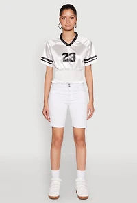 Womens Satin Smocked 23 Football Crop Top, White, Size S