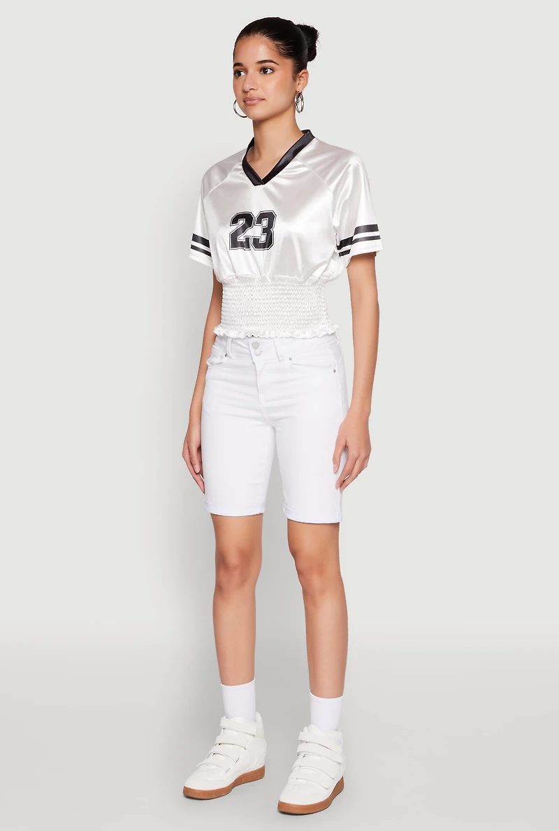 Womens Satin Smocked 23 Football Crop Top, White, Size S