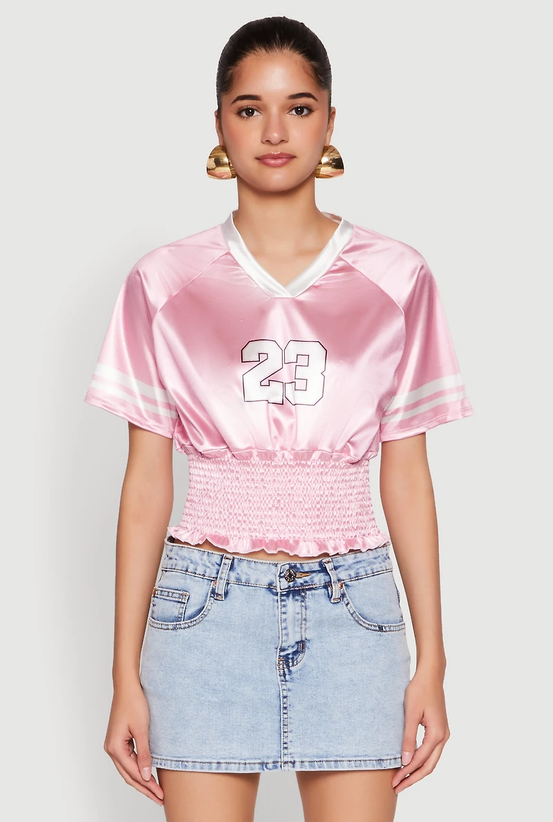 Womens Satin Smocked 23 Football Crop Top, Pink, Size S
