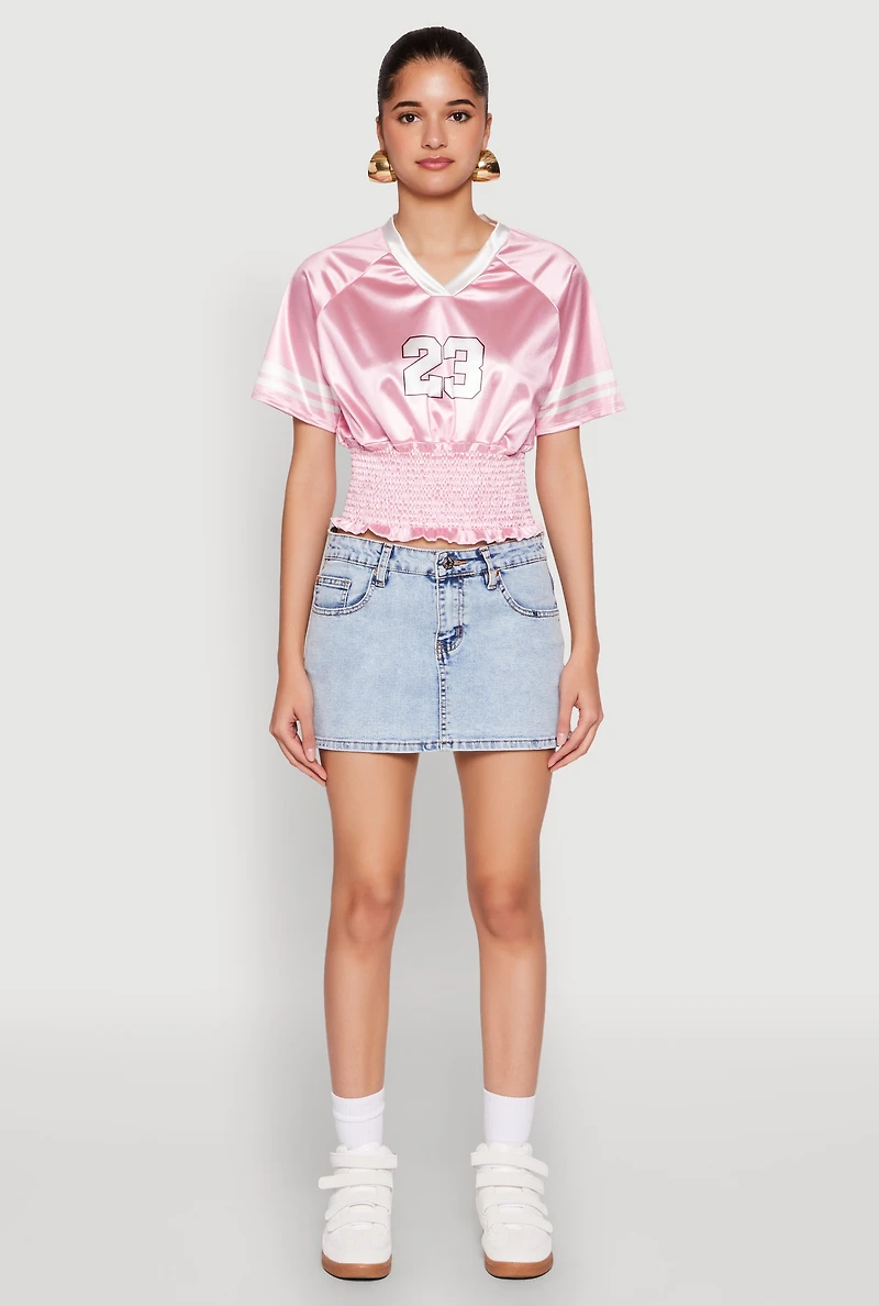 Womens Satin Smocked 23 Football Crop Top, Pink, Size S