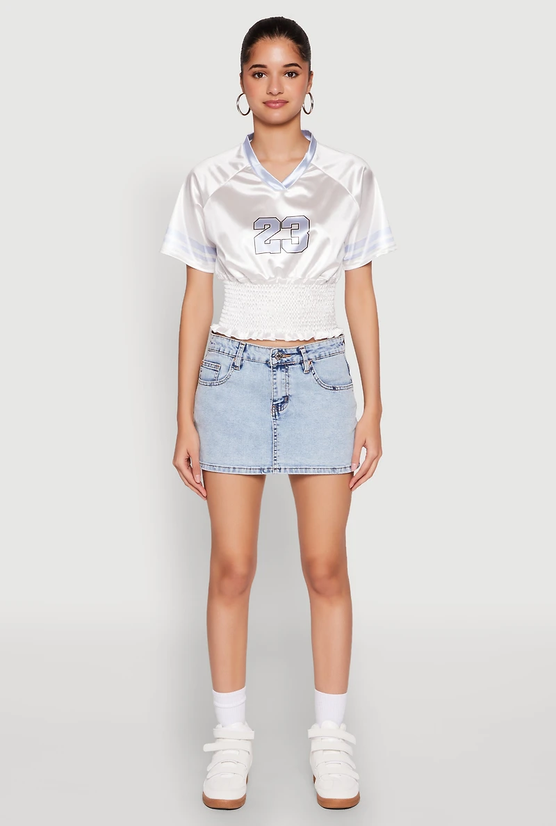 Womens Satin Smocked 23 Football Crop Top, White, Size XL