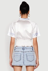 Womens Satin Smocked 23 Football Crop Top, White, Size M