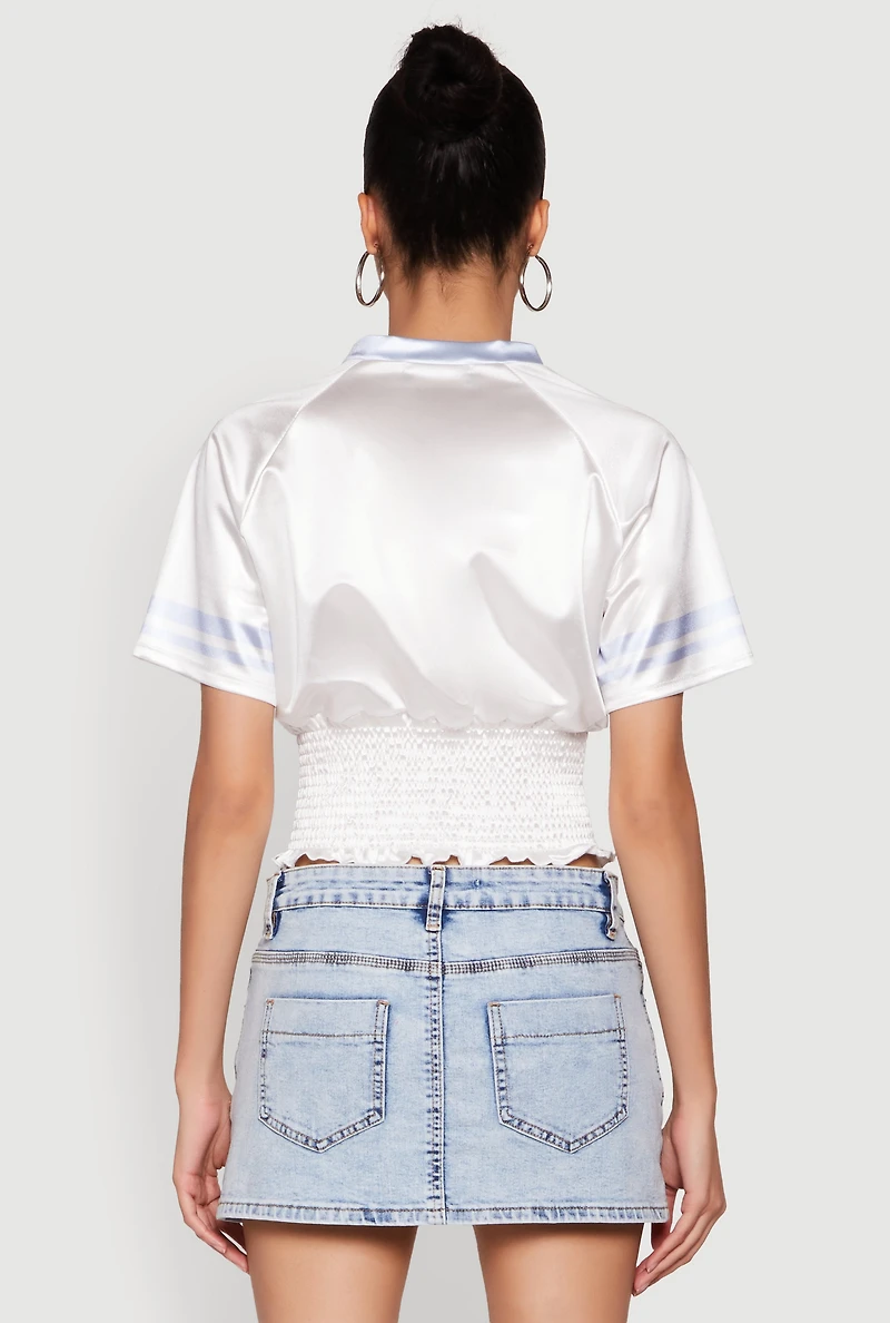 Womens Satin Smocked 23 Football Crop Top, White, Size XL