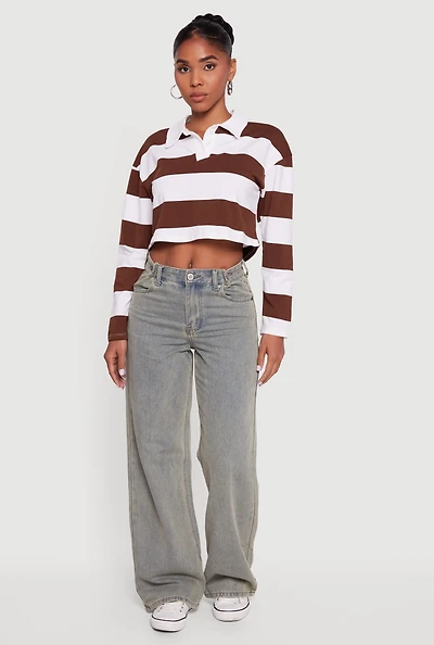 Womens Striped Long Sleeve Polo Crop Top,
