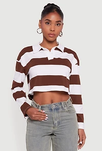 Striped Long Sleeve Polo Crop Top
