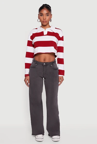 Womens Striped Long Sleeve Polo Crop Top,
