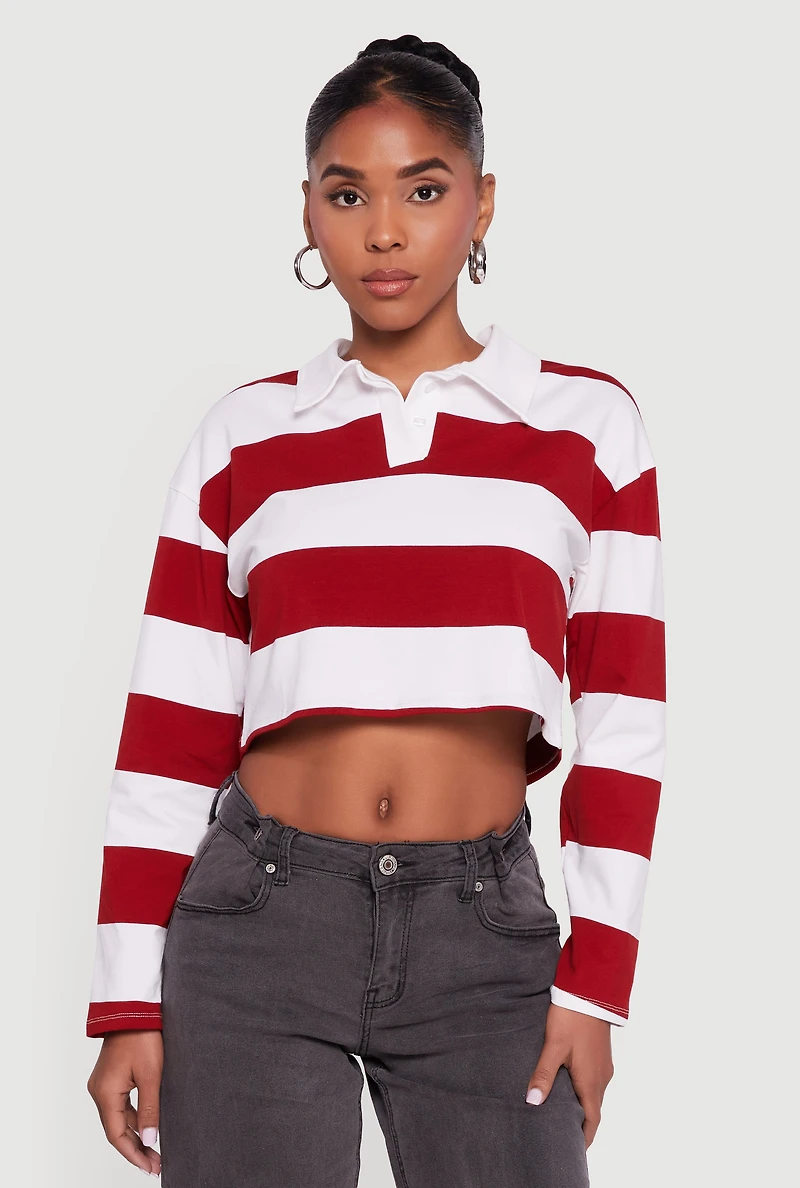Striped Long Sleeve Polo Crop Top