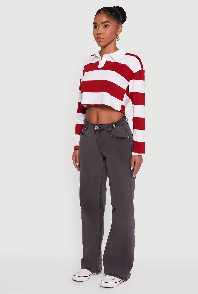 Striped Long Sleeve Polo Crop Top