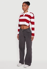 Striped Long Sleeve Polo Crop Top