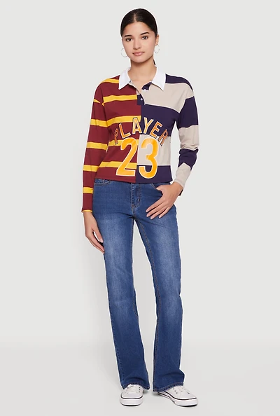 Womens Striped Color Blocked Player Graphic Polo Shirt, Multi,