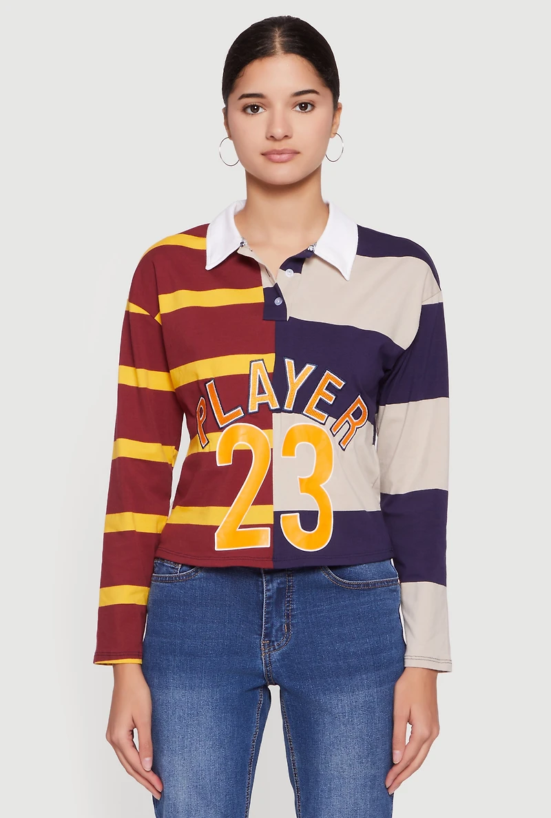 Womens Striped Color Blocked Player Graphic Polo Shirt, Multi,