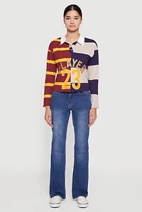 Womens Striped Color Blocked Player Graphic Polo Shirt, Multi,