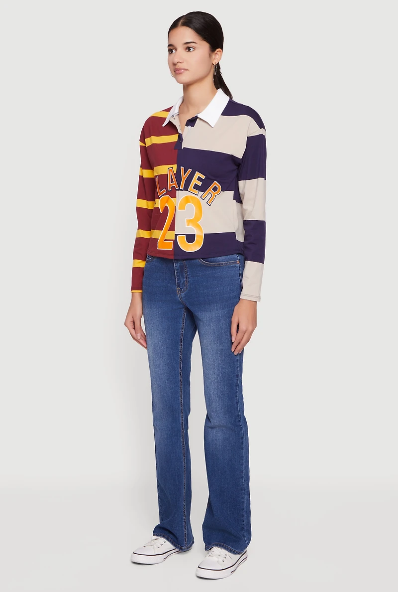 Womens Striped Color Blocked Player Graphic Polo Shirt, Multi,