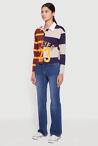 Womens Striped Color Blocked Player Graphic Polo Shirt, Multi,