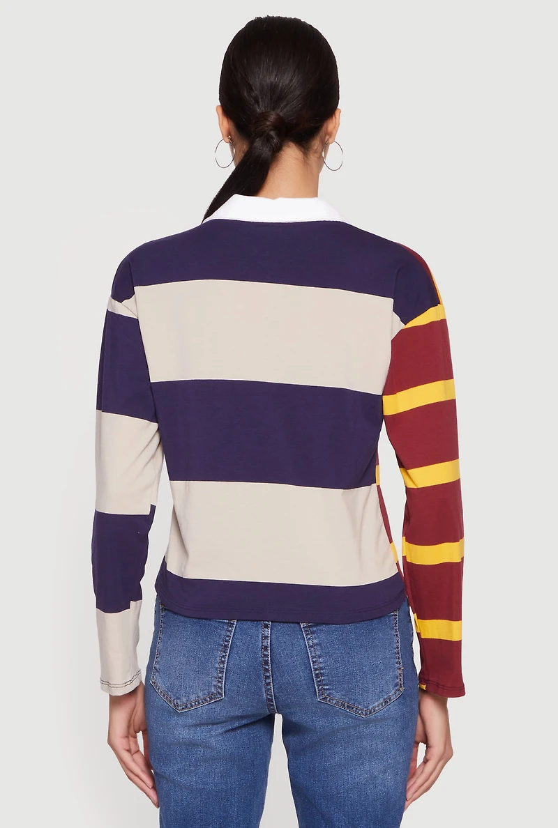 Womens Striped Color Blocked Player Graphic Polo Shirt, Multi,