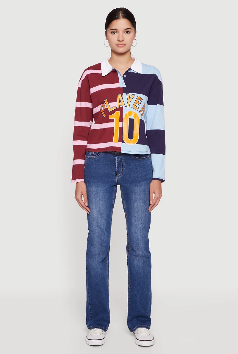 Womens Striped Color Blocked Player Graphic Polo Shirt, Multi,