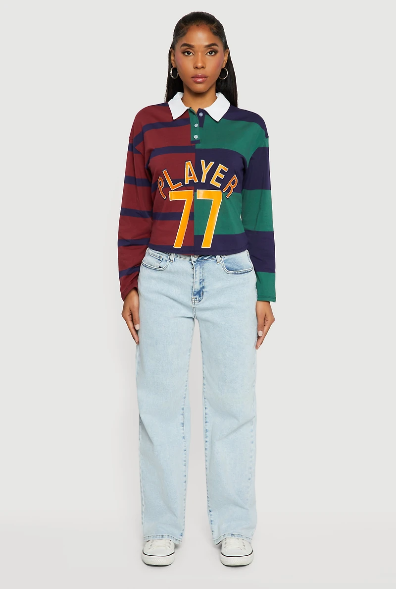Womens Striped Color Blocked Player Graphic Polo Shirt, Multi,