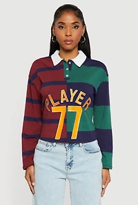 Womens Striped Color Blocked Player Graphic Polo Shirt, Multi,