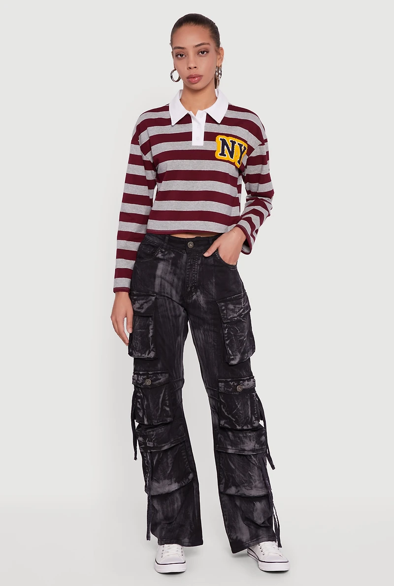 NY Embroidered Striped Cropped Long Sleeve Polo Top