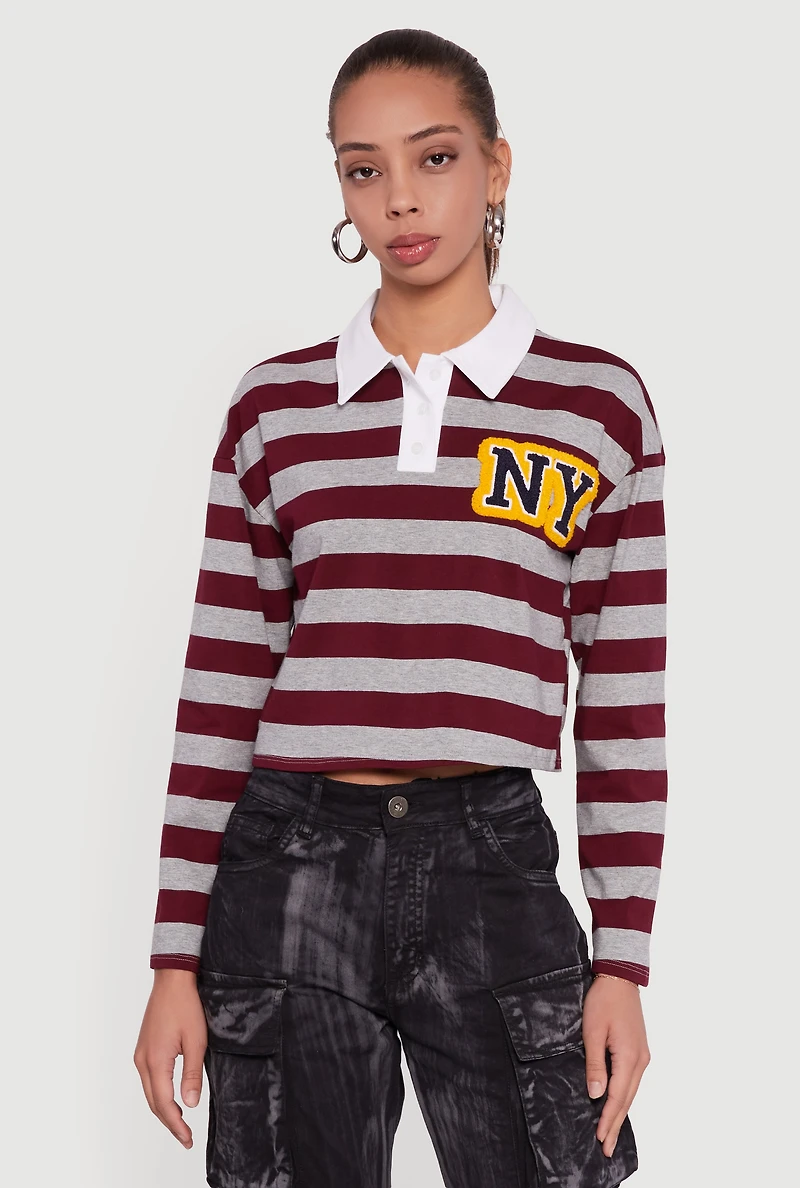 Womens NY Embroidered Striped Cropped Long Sleeve Polo Top, Multi,