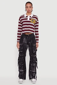 NY Embroidered Striped Cropped Long Sleeve Polo Top