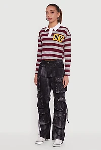 Womens NY Embroidered Striped Cropped Long Sleeve Polo Top, Multi,