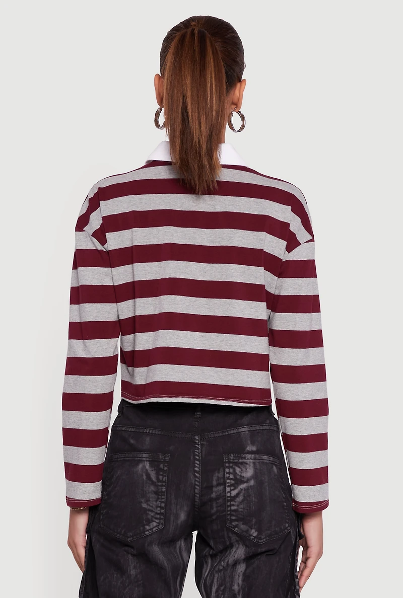 Womens NY Embroidered Striped Cropped Long Sleeve Polo Top, Multi,