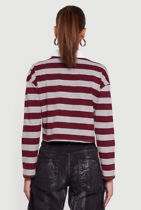 Womens NY Embroidered Striped Cropped Long Sleeve Polo Top, Multi,