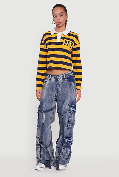 NY Embroidered Striped Cropped Long Sleeve Polo Top