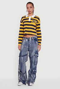 NY Embroidered Striped Cropped Long Sleeve Polo Top