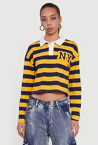 NY Embroidered Striped Cropped Long Sleeve Polo Top