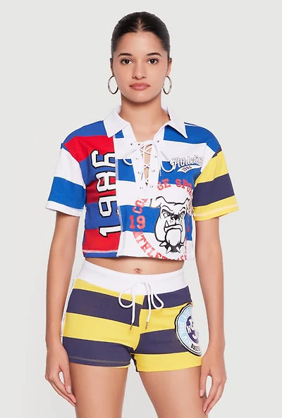 Striped Graphic Cropped Lace Up Polo Top