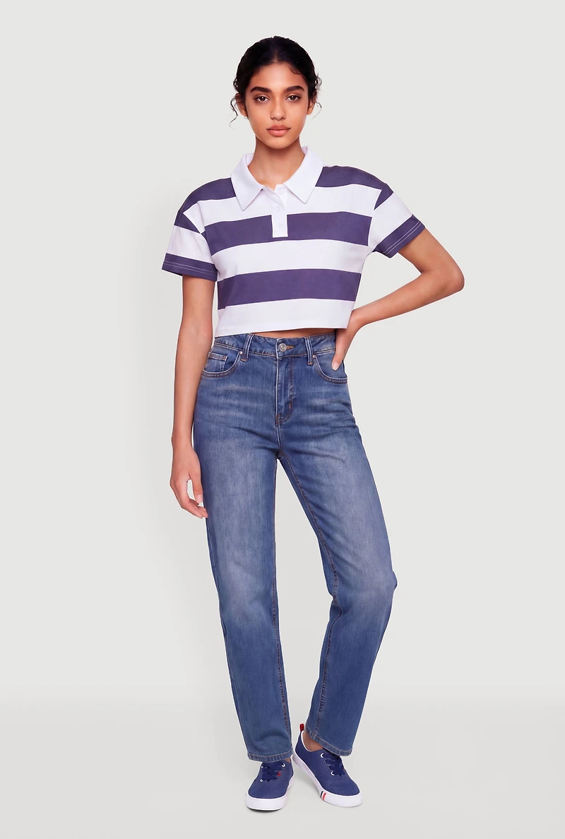 Striped Short Sleeve Polo Crop Top