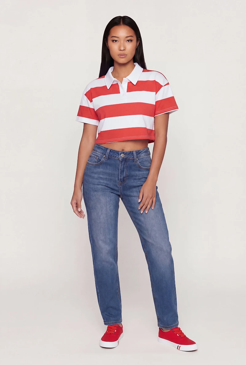 Striped Short Sleeve Polo Crop Top