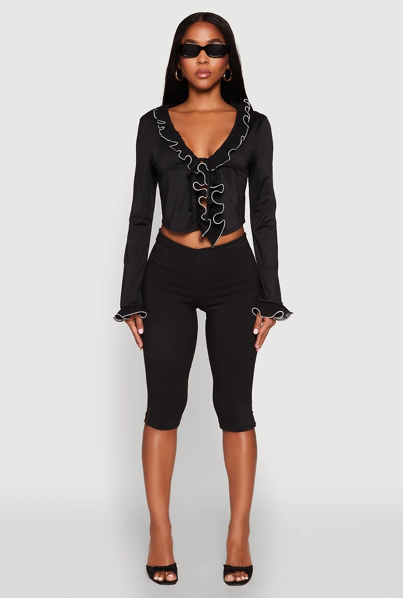 Womens Ruffle Trim Tie Front Crop Top, Black,