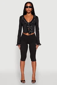 Womens Ruffle Trim Tie Front Crop Top, Black,