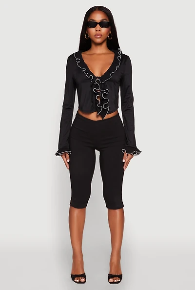 Womens Ruffle Trim Tie Front Crop Top,