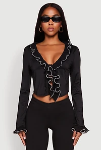 Womens Ruffle Trim Tie Front Crop Top, Black,