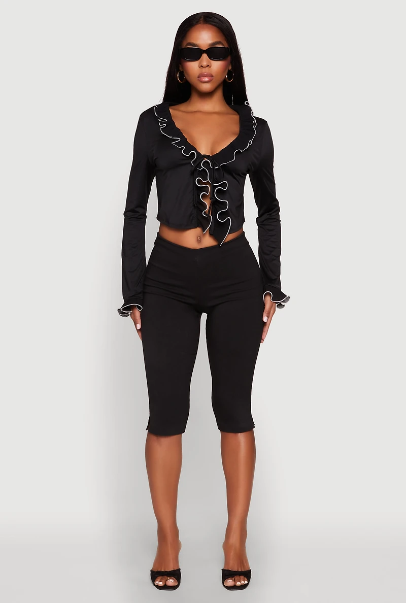 Womens Ruffle Trim Tie Front Crop Top, Black,