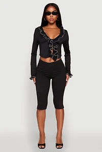 Womens Ruffle Trim Tie Front Crop Top, Black,