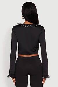 Womens Ruffle Trim Tie Front Crop Top, Black,