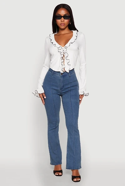 Womens Ruffle Trim Tie Front Crop Top, White, Size L